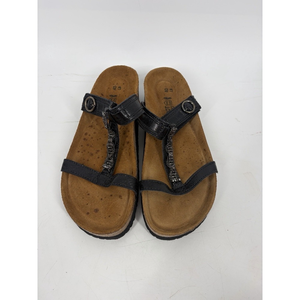 Naot Malibu Black Sandals Size 40 / 9 Leather Rhinestone T-Strap Slide Cork